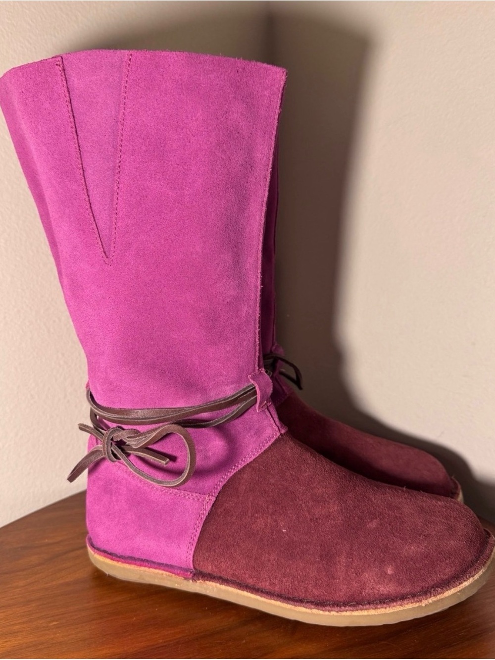 GUDRUN SJODEN Two-Tone Suede Mid-Calf Boots in Fuchsia & Burgundy